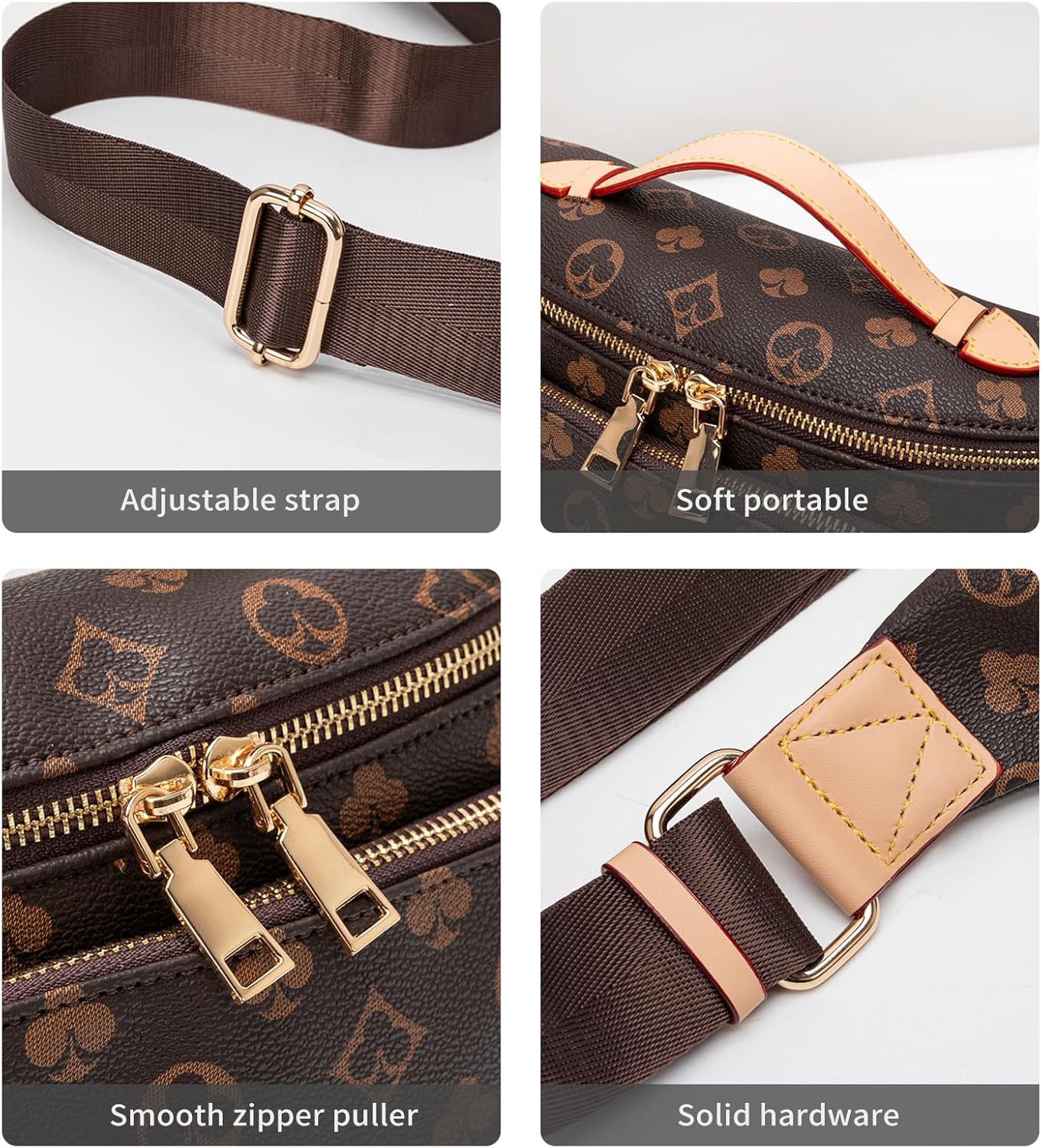 Women's Vintage Pattern Fanny Pack, Brown Waist Bag, Convertible Crossbody with Adjustable Strap, Gold Hardware (Wp-vp-brn-002)