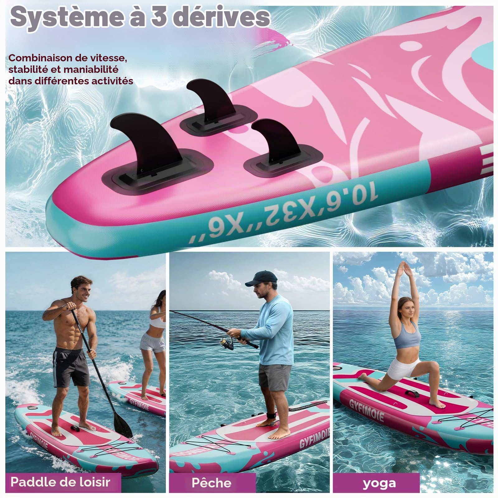 Gyfimoie Planche de stand up paddle de qualité supérieure - 325 cm - Gonflable - Avec support de caméra universel - Accessoires complets - Pagaie réglable - Pour débutants et confirmés