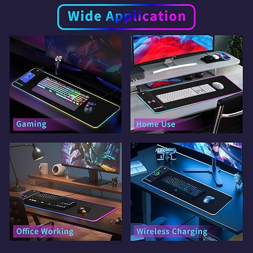 Miniatura 7 de Schkner Alfombrilla de mouse RGB para juegos con carga inalámbrica, alfombrilla de mouse grande con luz LED, almohadilla de teclado con base de goma