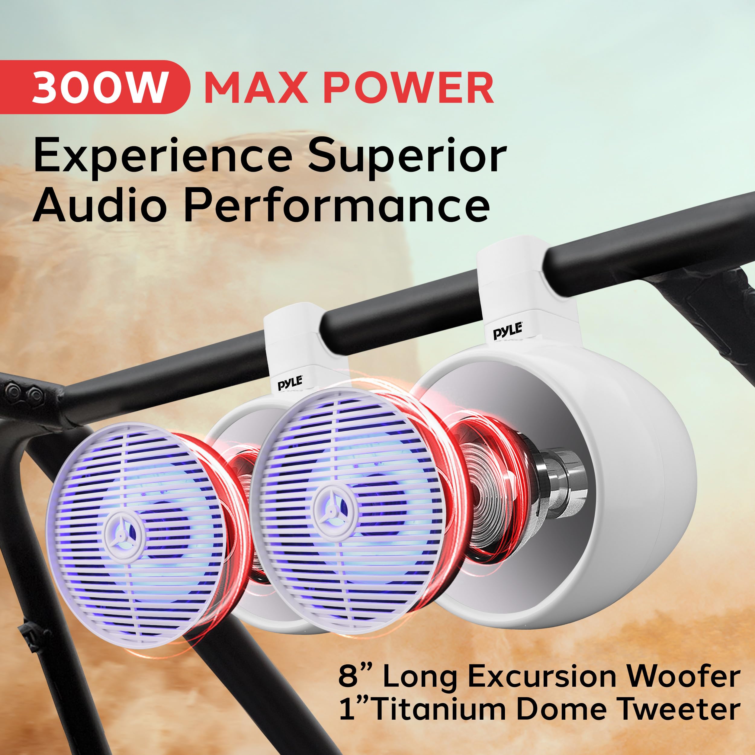 Pyle Bluetooth Waterproof Marine Off-Road Speakers - 8” 300W 2-Way Wakeboard Tower Sound System with LED Lights, Full Range Mountable Outdoor Stereo for Car, ATV, UTV, Jeep, Boat, Set of 2 (White)