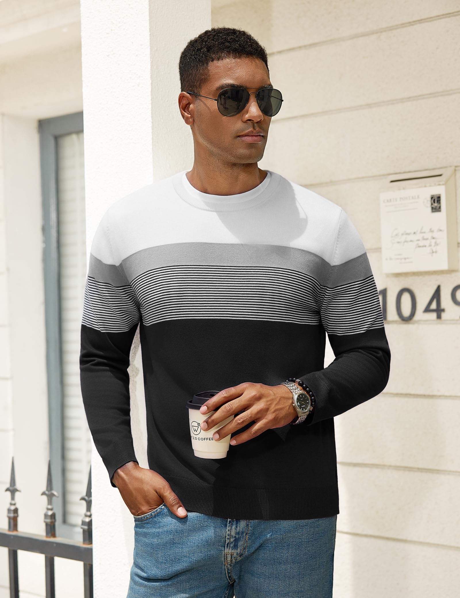 iClosam Pull Col Rond Homme rayé Pulls à Manches Longues tricoté Pullover Fin pour Hommes