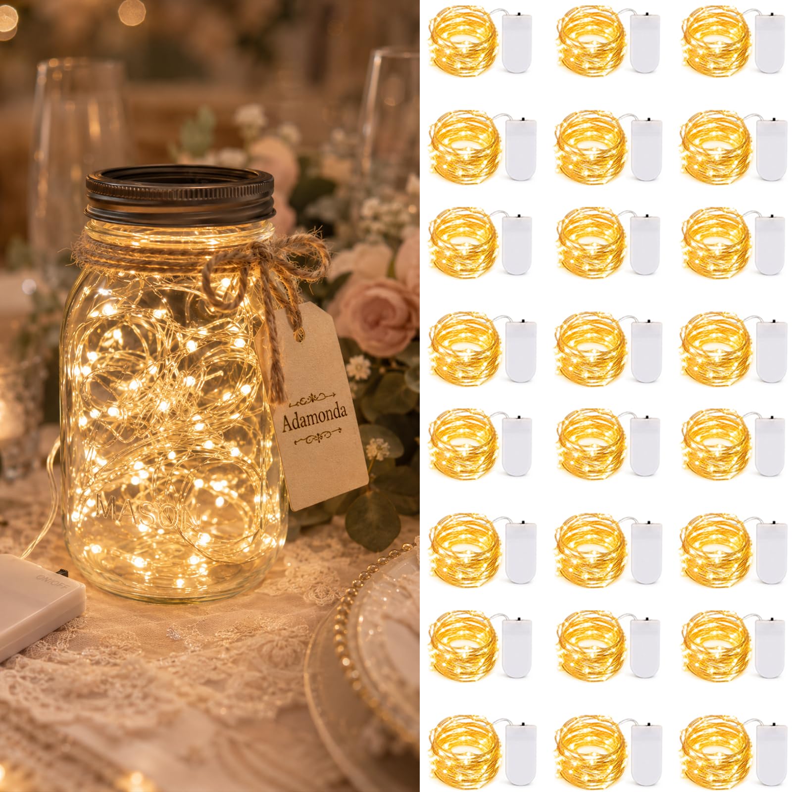 Paquete de 24 luces de hadas que funcionan con pilas, 7 pies, 20 luces LED de color blanco cálido, luces de luciérnaga impermeables de alambre plateado para tarros de masón, boda, fiesta de Navidad
