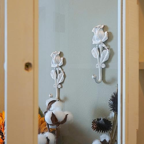 Miniatura 4 de SOFFEE DESIGN 2 ganchos individuales blancos con diseño de rosas 3D, estilo retro adornado para decoración de pared de habitación, abrigo, sombrero,