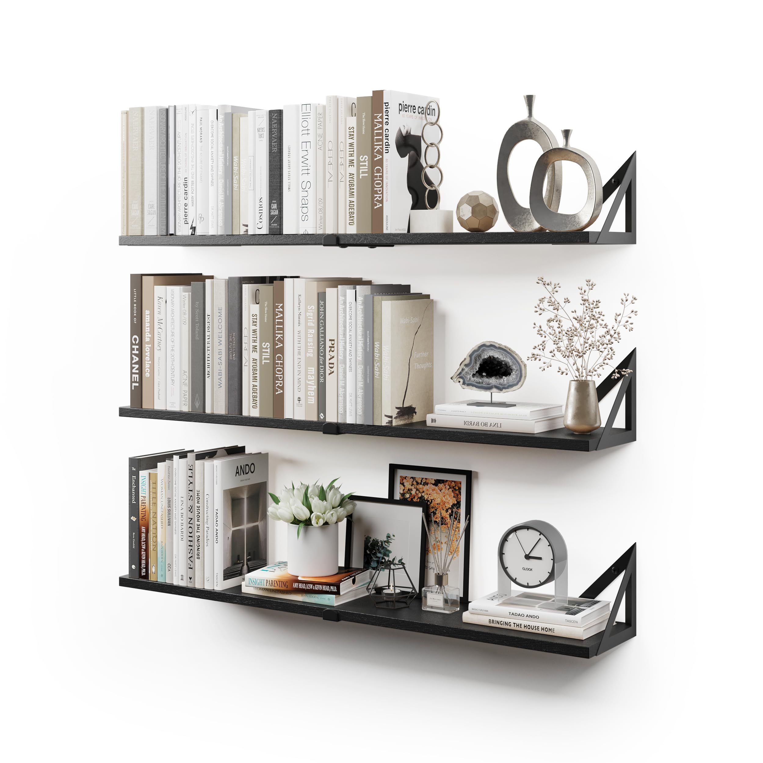 CASSA NOKO Wall Mounted Floating Book Shelves for Wall Set of 3, Shelf Bookshelf for Bedroom Living Room Office Bathroom Kitchen Rustic Wood with Metal Bracket (Large Black)