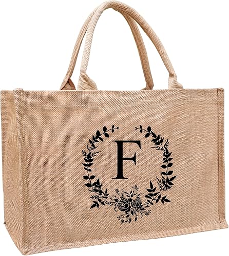 Vista 13 de Bolsas de mano con iniciales de la A a la Z para mujer, bolsa de yute de arpillera con monograma con asas para mujer, profesores, mamá