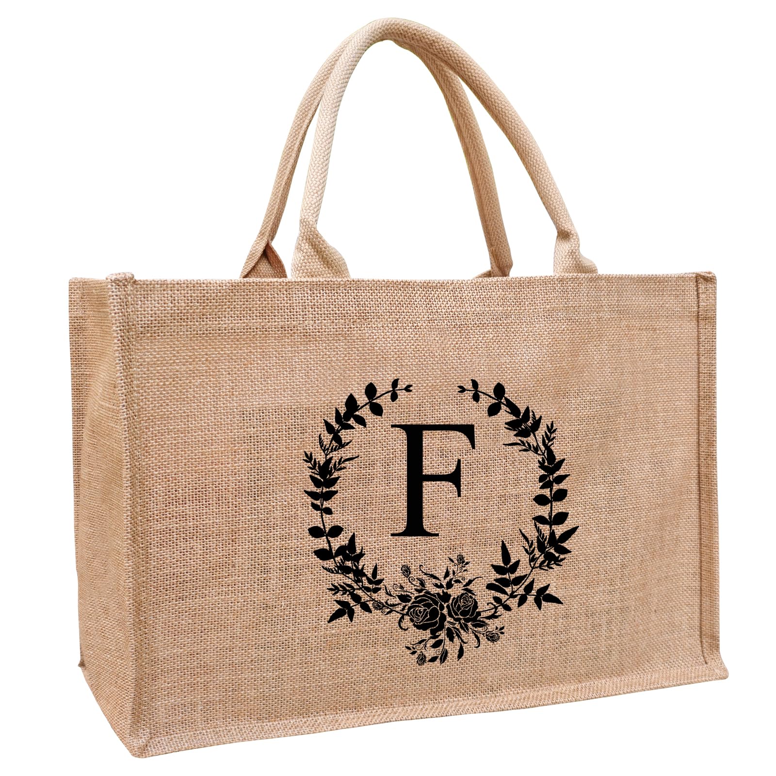ReJiechu A to Z Initial Tote Bags for Women, Monogrammed Burlap Jute Tote Bag with Handles for Woman, Teachers, Mom