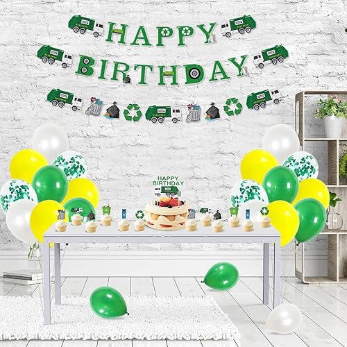 Miniatura 3 de Suministros de fiesta de camión de basura, pancarta de feliz cumpleaños de camión de basura, globos temáticos de camión de basura, adornos para