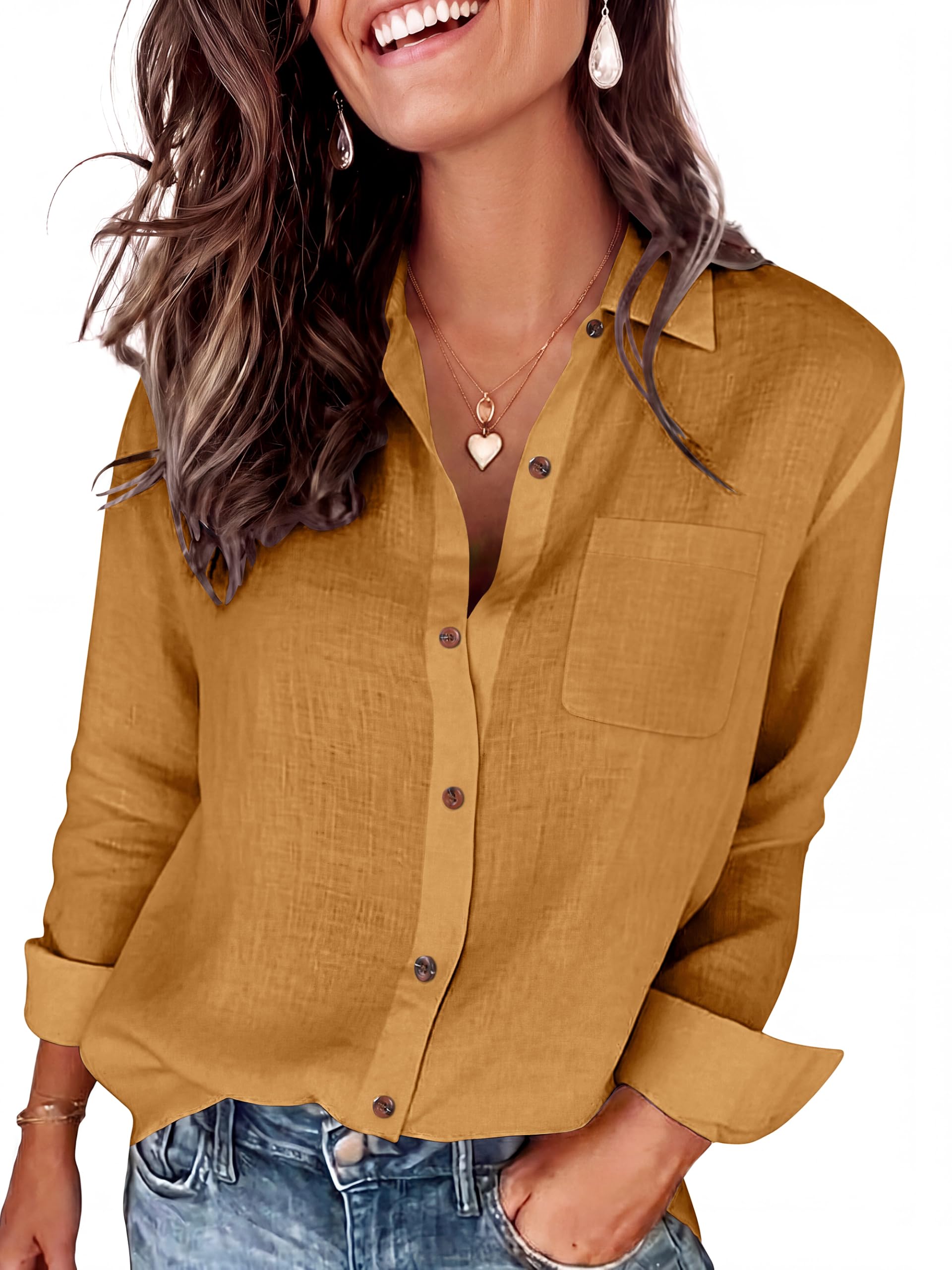 �️Womens Button Down Shirts for Women Long Sleeve Linen Cotton Shirt Soft Gauzy Collared Oversized Boyfriend Blouses Bro — fashion deal