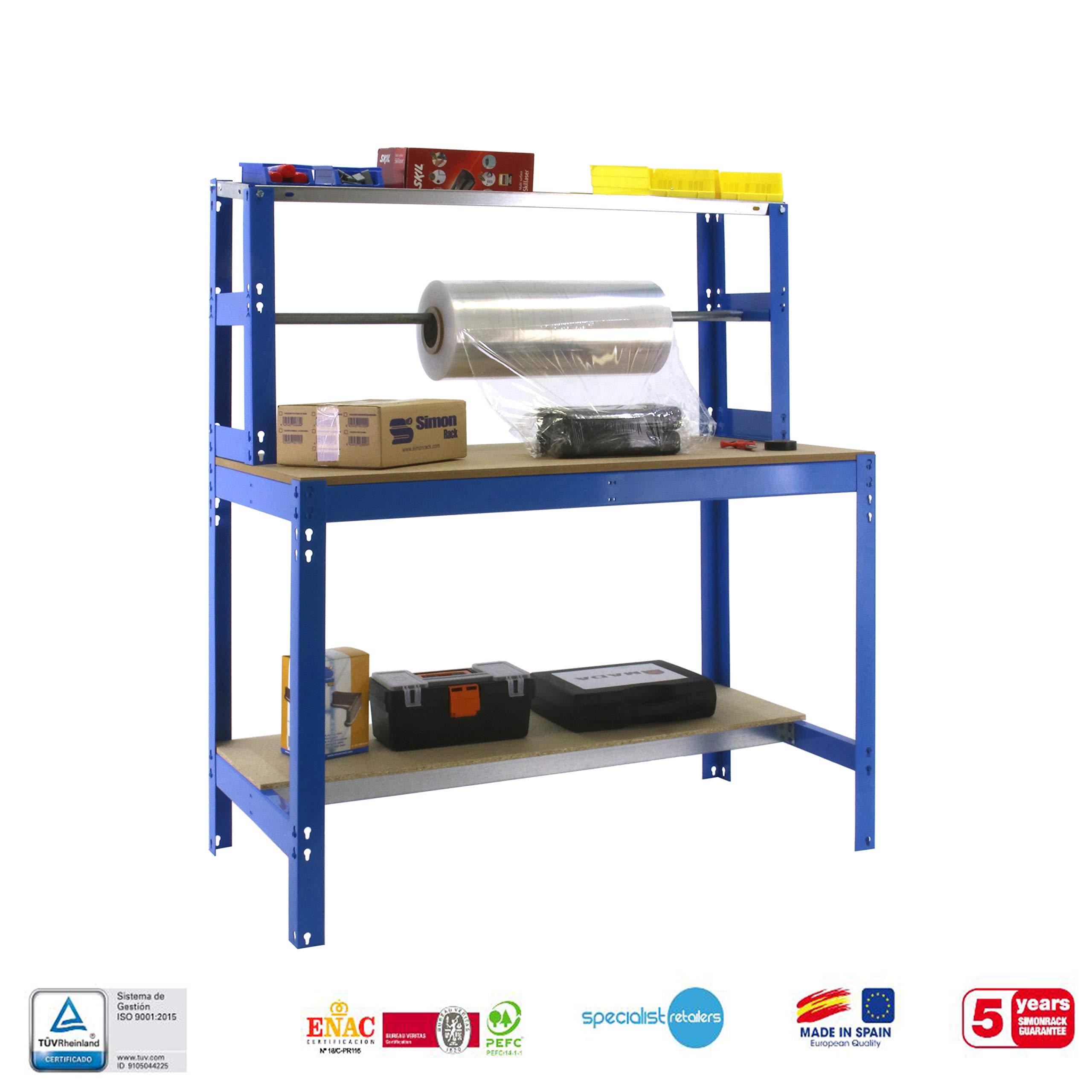 Simon Rack Banco de Trabajo con Porta Rollo 1210x760 mm - BT4 | Porta Rollo, Tablero madera 16 mm, Capacidad Carga 600 kg, Azul , Pintura anticorrosión, Montaje sistema clic