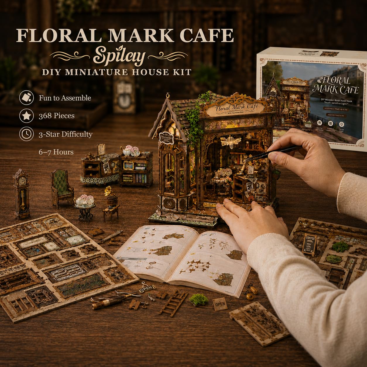 Spilay Miniatur Haus, Vintage Blumencafé Puppenhaus Holz | DIY Miniature House mit LED-Licht, 3D Puzzle für Erwachsene, Miniatur Bausatz, Regal Deko Geschenk
