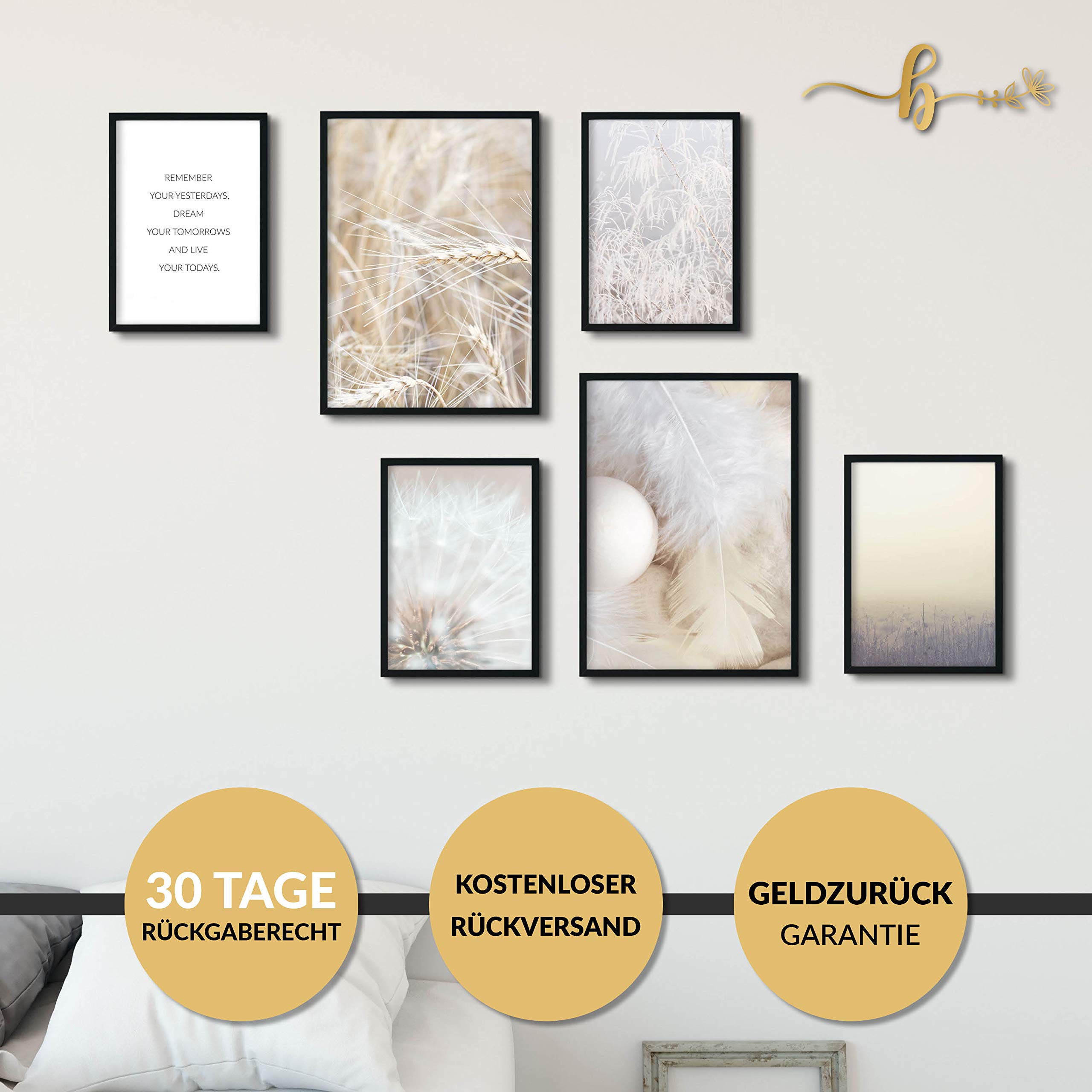 Poster 6er Set Beidseitige Bilder - Stilvolle Home Deko für Schlafzimmer und Wohnzimmer | Poster Vintage Set Traumfänger Boho A3 | A4 (Federleicht, A4 | A5 in Holzrahmen (schwarz))