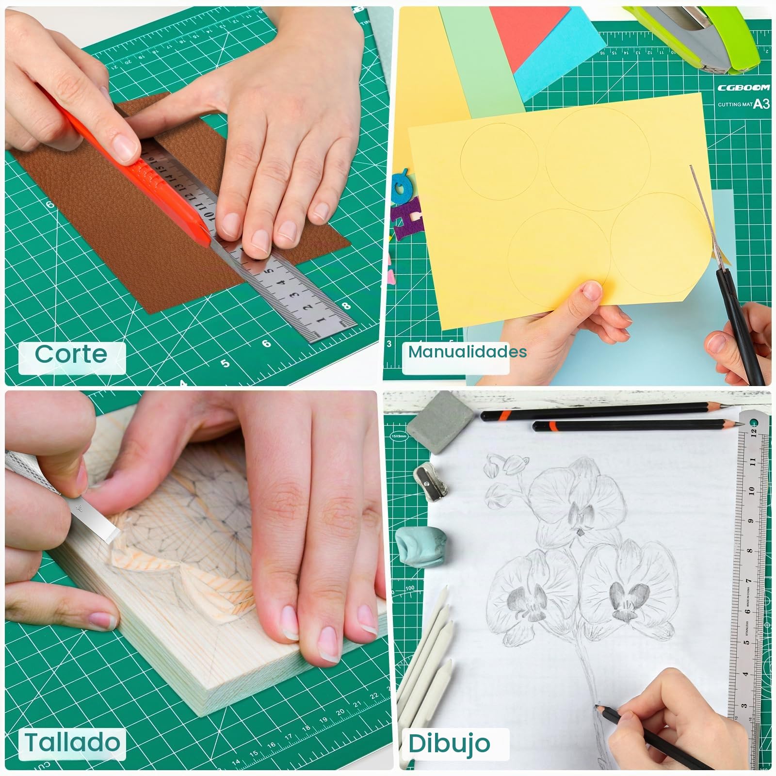 CGBOOM Juego de Alfombrillas de Corte, Base Autorreparable, Alfombrilla de Corte, con 50 Cuchillas y Regla de Acero para Manualidades, Base de Dibujo, Escalpelo de Manualidades (A3)