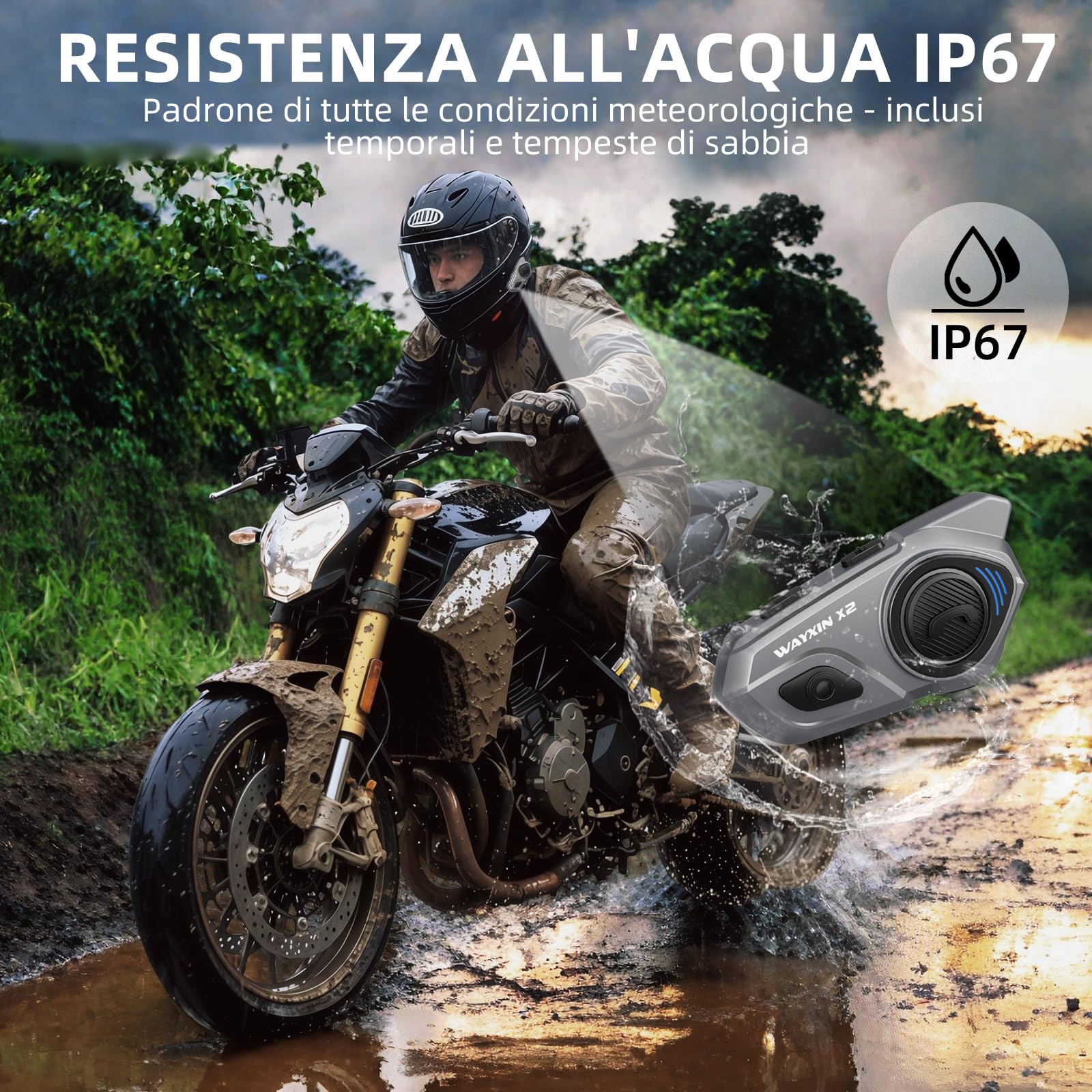 X2 citofono per moto, sistema di citofono integrato, cuffie Bluetooth per moto fino a 4 moto, con parti Hi-Fi, musica, radio FM, assistente vocale AI, impermeabile IP67