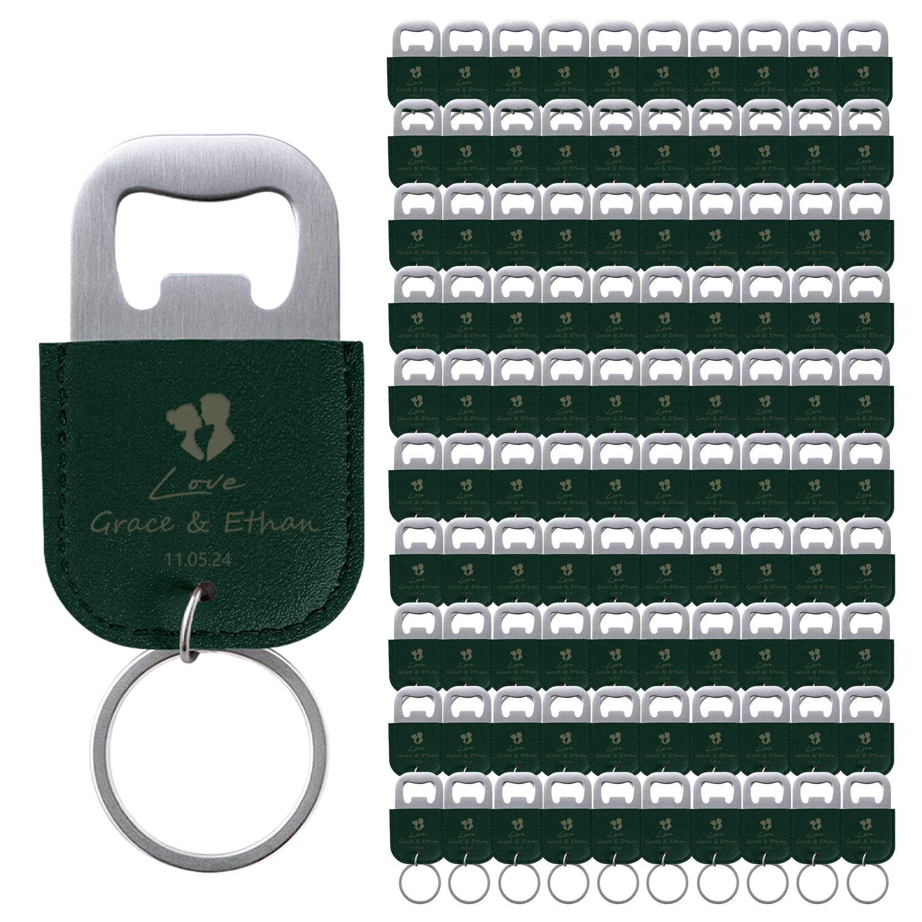 100 Pcs Personalised Bottle Opener Keyring Wedding Favors for Guests Leather Beer Bottle Opener Keychain Laser Engraved Custom Gifts, Dark Green