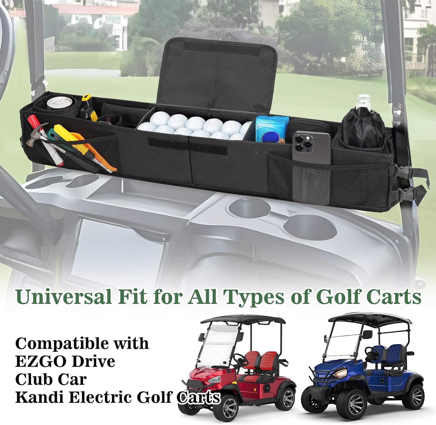 Golf Cart Inner Storage Tray, No Drilling Golf Cart Front Storage Basket, Golf Cart Overhead Organizer Bag Golf Cart Ceiling Storage Bag Universal Fit for EZGO Club Car Precedent,Tempo, Onward, Black