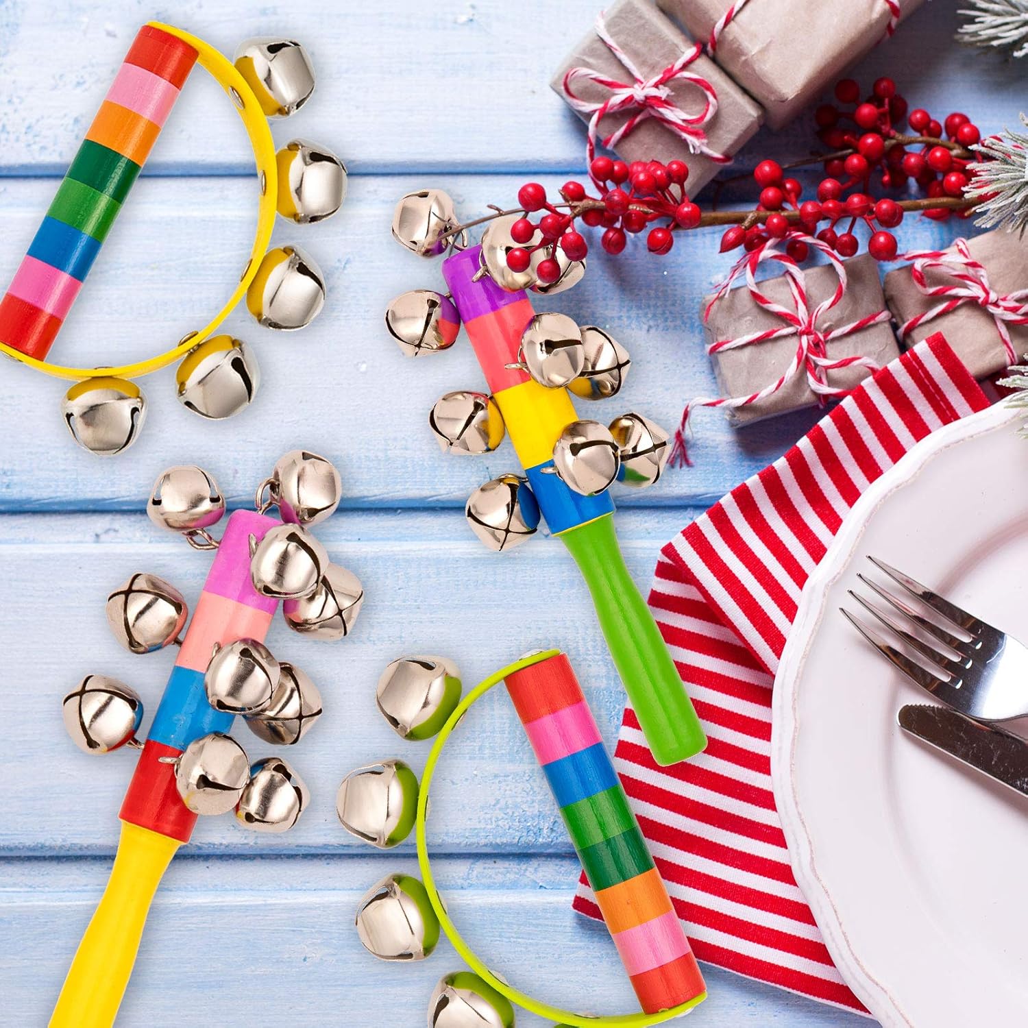 Whaline 4pcs Hand Jingle Bells Hand Sleigh Bells Rainbow Rattles Bell Handhold Wooden Bells with Handle Musical Instrument Gifts School Desk Ring Bell for Education Party Christmas : Musical Instruments