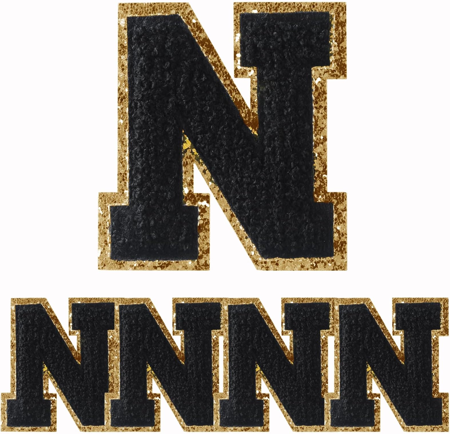 4-Pack Chenille Letter Patches - Heat-Transfer Embroidered, Glitter, Iron-On, Sew-On - Gold, Varsity Style - 3.1in Height (N)