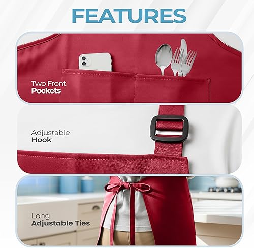 Miniatura 4 de Utopia Kitchen Paquete de 4 delantales ajustables con 2 bolsillos, resistente al agua y al aceite, delantal de chef de cocina para mujeres y hombres