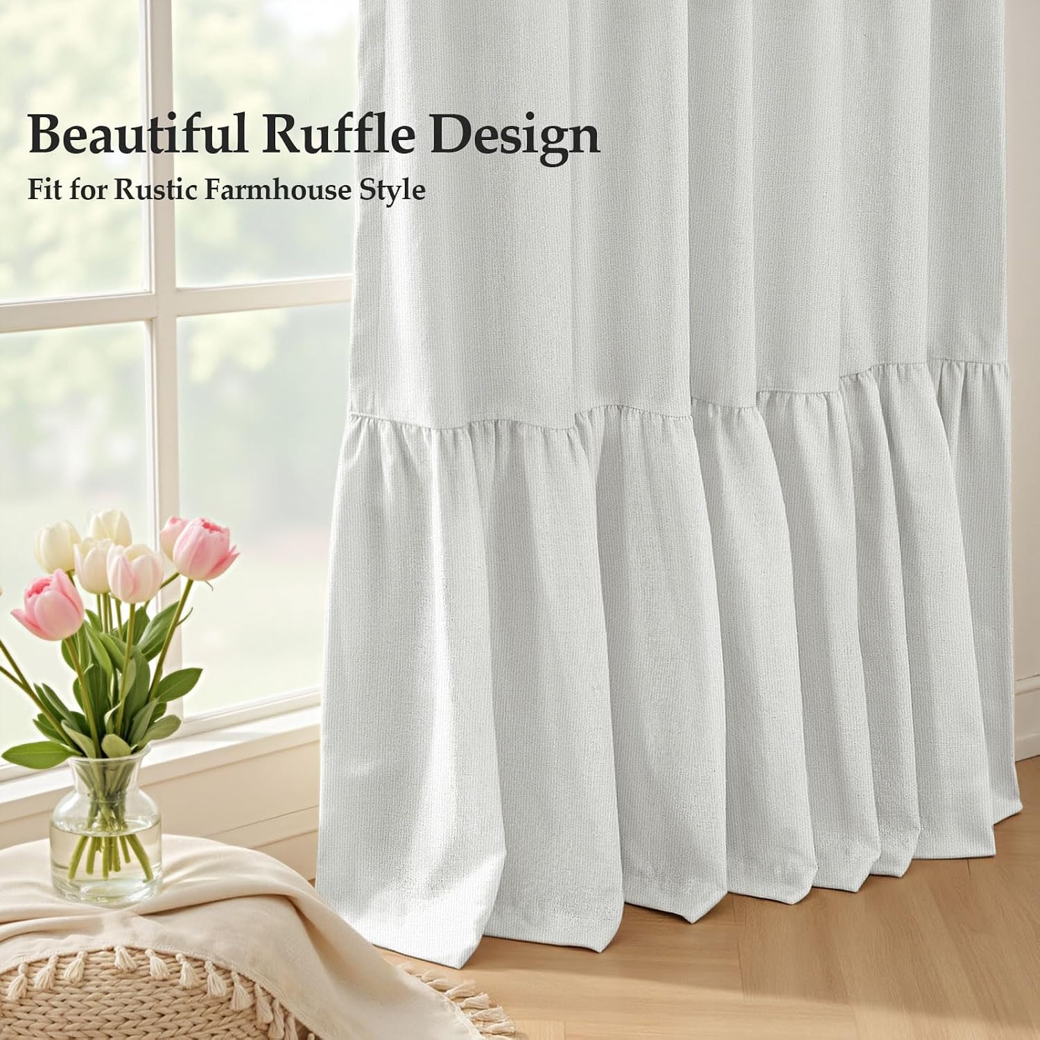 Ruffle Double Layer Blackout Curtains 84 Inches, Farmhouse Thermal Insulated Drapes with White Liner, Back Tab Panels for Bedroom Living Room Light Sleepers, 2 Panels White (52" W x 84" L)