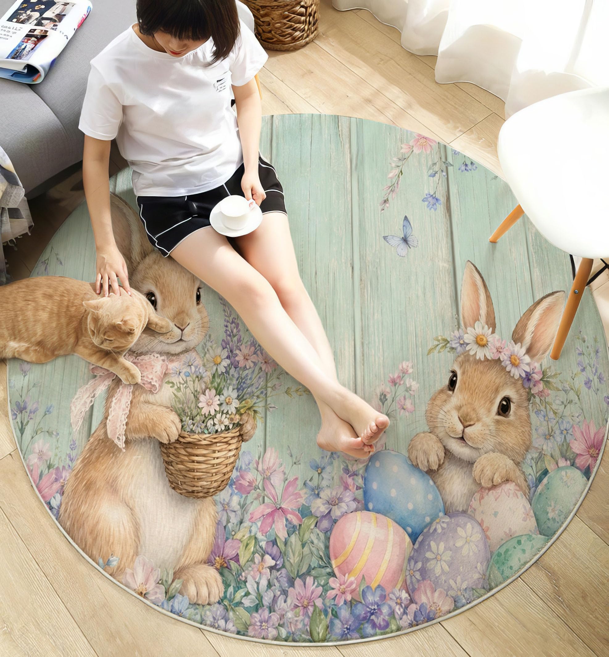 Alfombra Redonda Antideslizante Acogedora, Estilo Preciosa Acuarela con Estampados Huevo De Pascua De Conejo, para Dormitorio Apartamento Dormitorio, Lavable Pila Baja 160cm