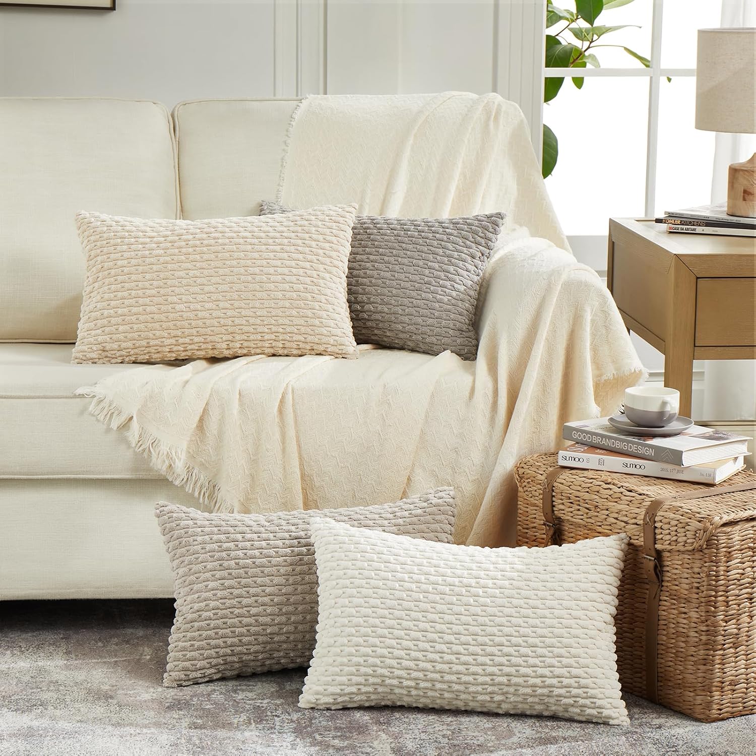 Fancy Homi Set of 4 Boho Lumbar Decorative Throw Pillow Covers 12x20 Inch for Couch Bed Sofa, Neutral Farmhouse Home Decor, Soft Fluffy Textured Corduroy Rectangle Aesthetic Cushion Case 30x50 cm