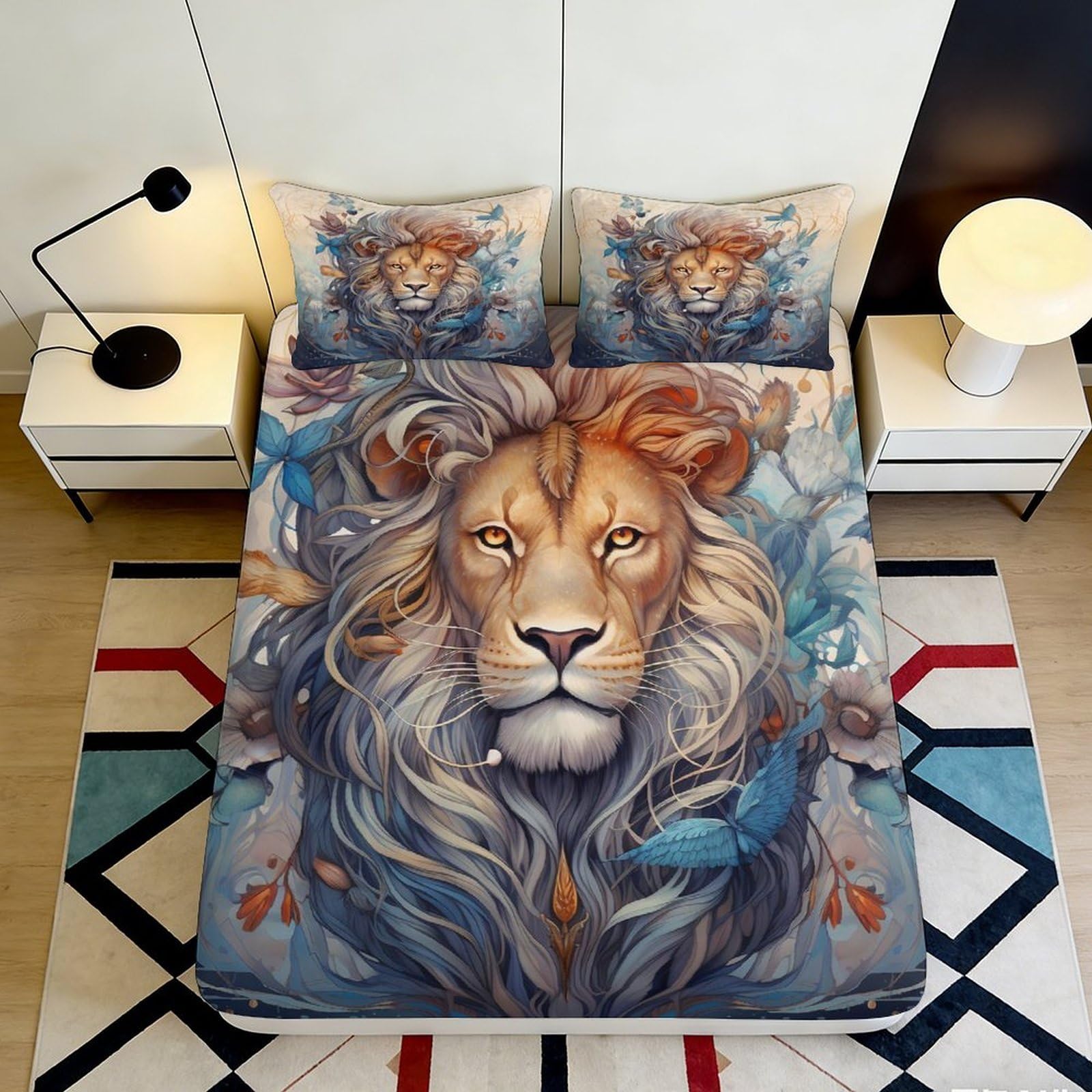 3D Printed Lion Mane Fitted Sheet Microfiber Soft Breathable Blue Jungle Mattress Cover for Bedroom Dorm Mattress Decor 90x200x25cm