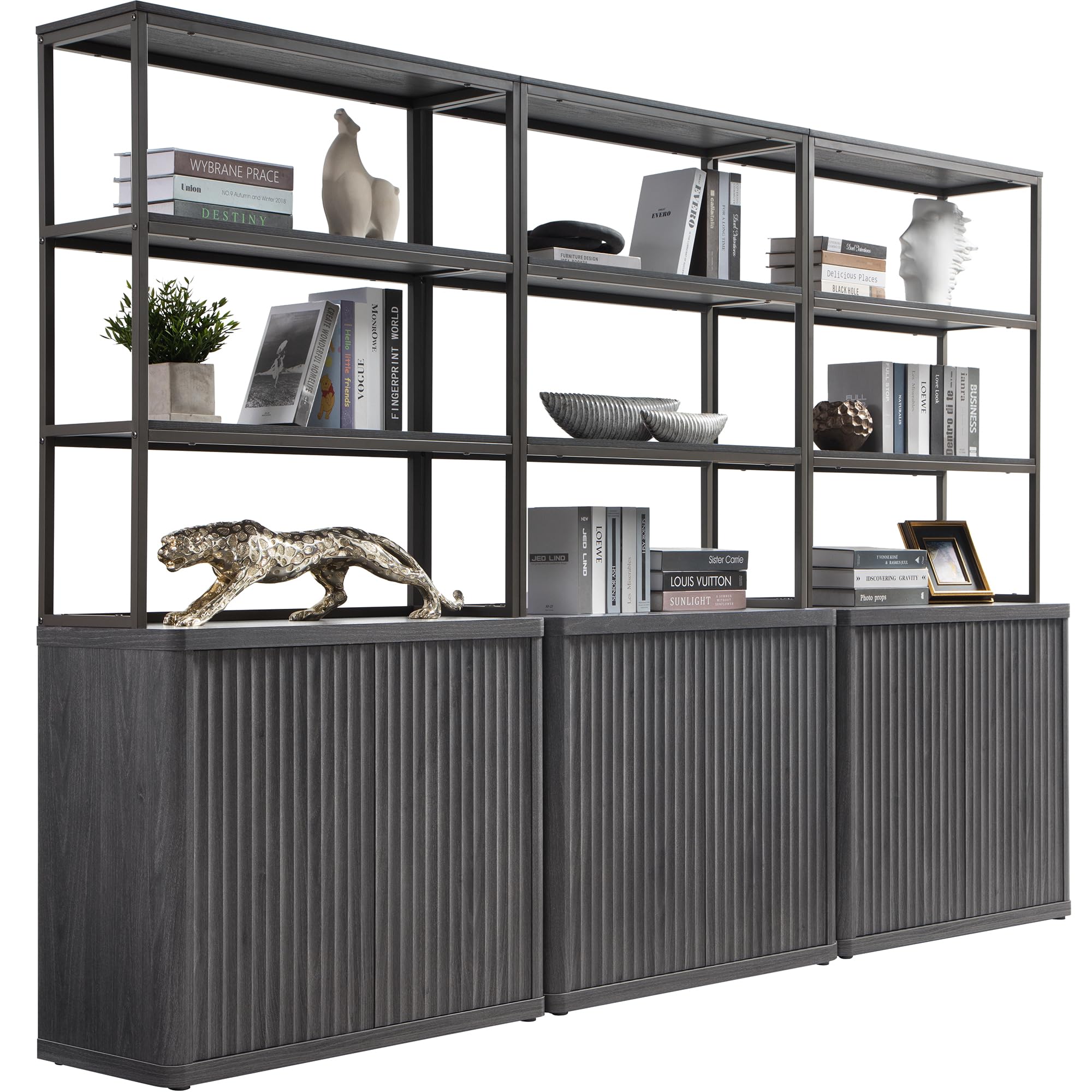 SICOTAS Book Shelf Fluted Bookshelf 71" Tall Bookcase with Doors Storage 5 Tier Mid Century Modern Bookshelves Large Shelves Metal Book Cases for