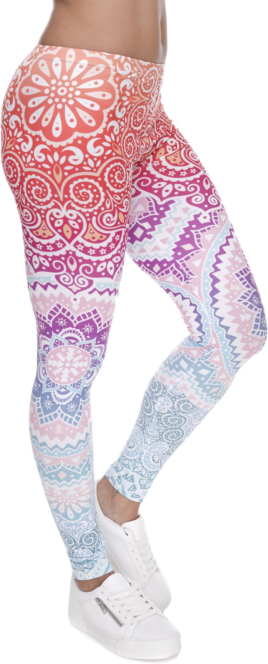 Basic Printed Leggings Super Stretch Buttery Soft Pants for Women Girls One Size-Fit XS-L Aztec Round Ombre