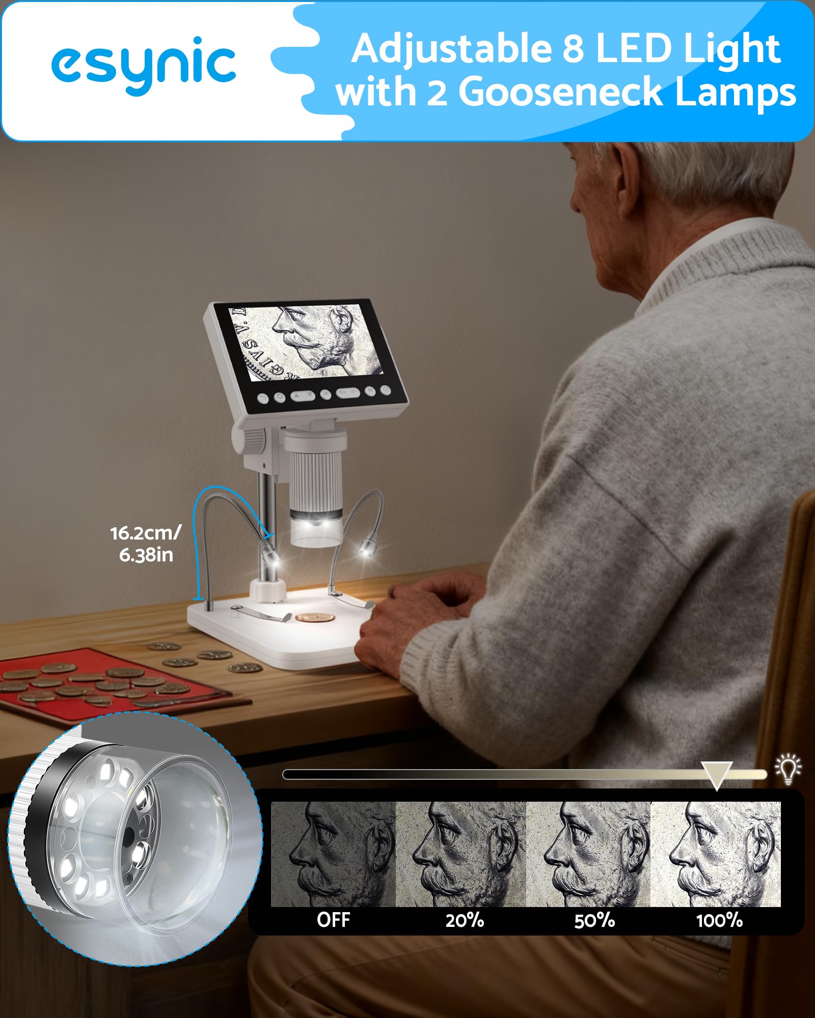 eSynic Digitales Mikroskop, 1080P, 11,4 cm (4,5 Zoll) Bildschirm, 5 x 1000 x Münzmikroskop, Löten, USB-Mikroskop, Kamera, Geschenk für Kinder und Erwachsene, mit 32 GB SD-Karte, 8 LEDs und 2