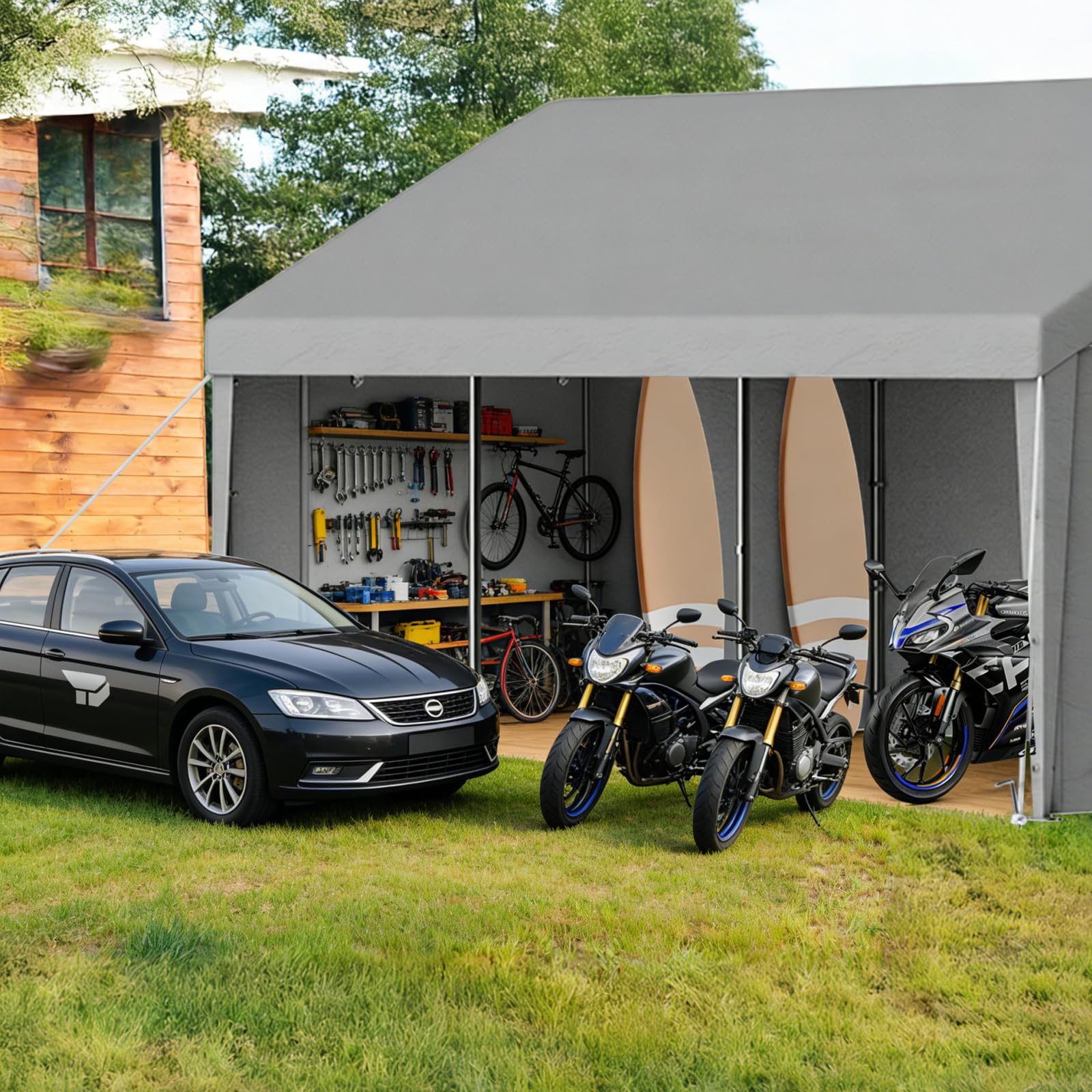 Tente de Garage 3x4m, Carport Abri Voiture avec Bâche PE & Porte Enroulable, Tente de Stockage Pliant Exterieur avec Parois Latérales Amovibles pour Moto Vélos Outils, Gris