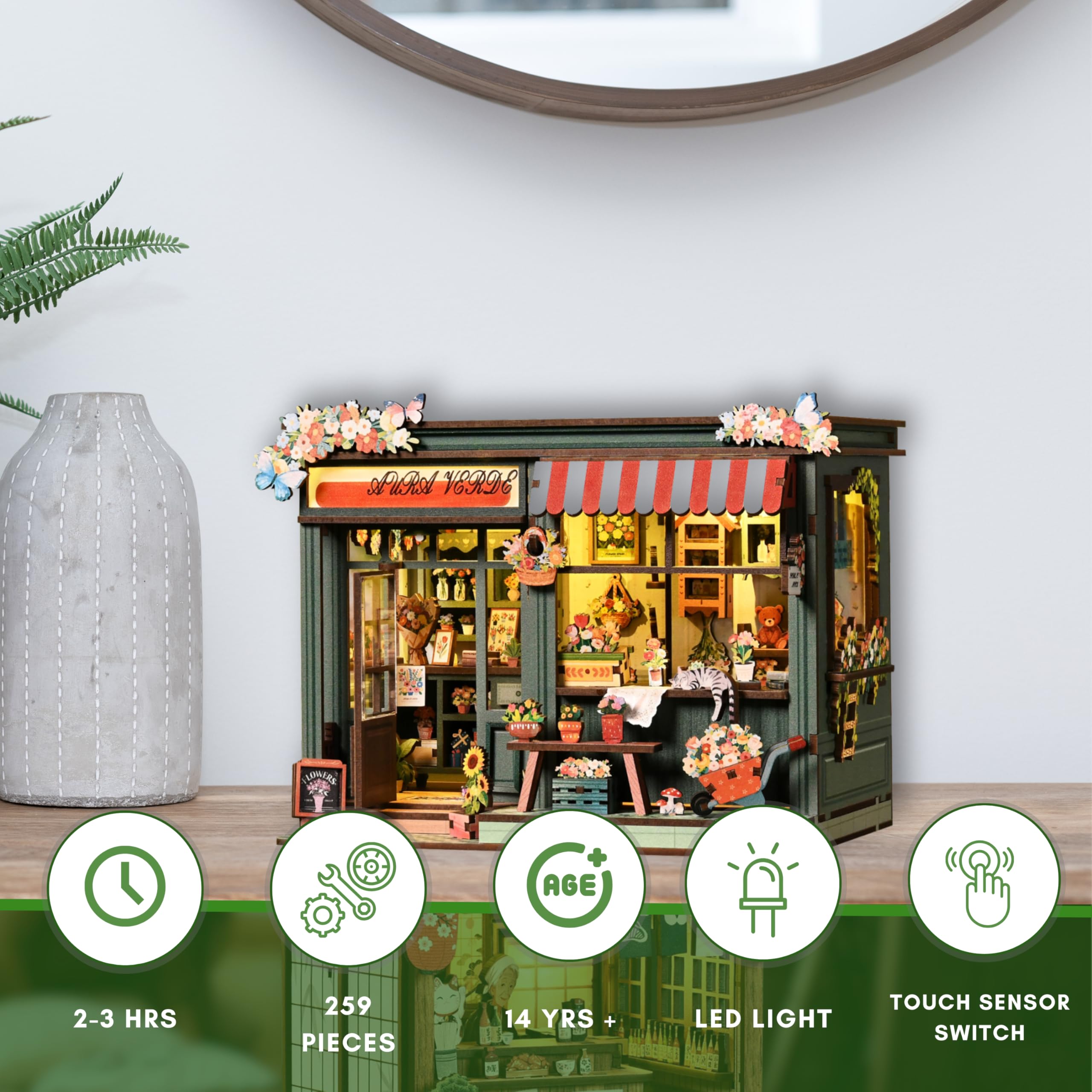 DIY Book Nook Kit mit LED-Lichtern - 3D-Holzpuzzles für Erwachsene (Aura Verde Blumenzimmer)