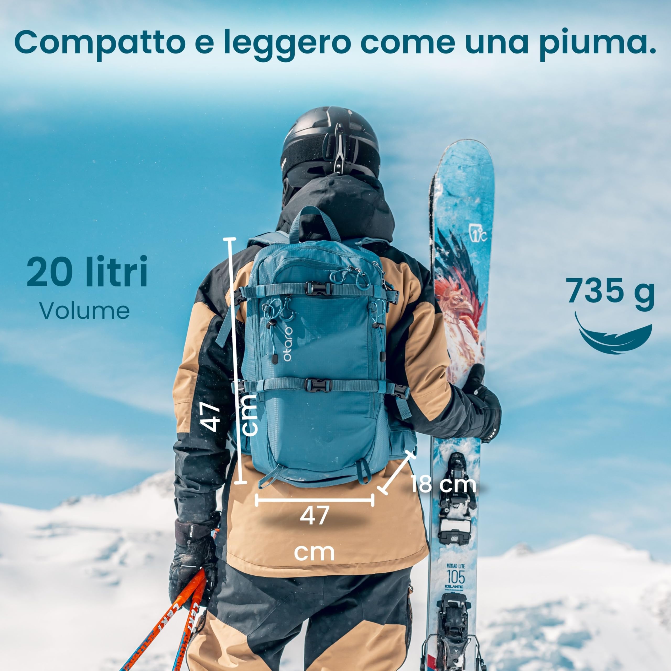 Otaro Zaino Sci (20L) - Ultra Leggero - Attrezzatura e Accessorio per Uomo e Donna - Per Sci, Ciclismo, Campeggio - Zaino da Bici