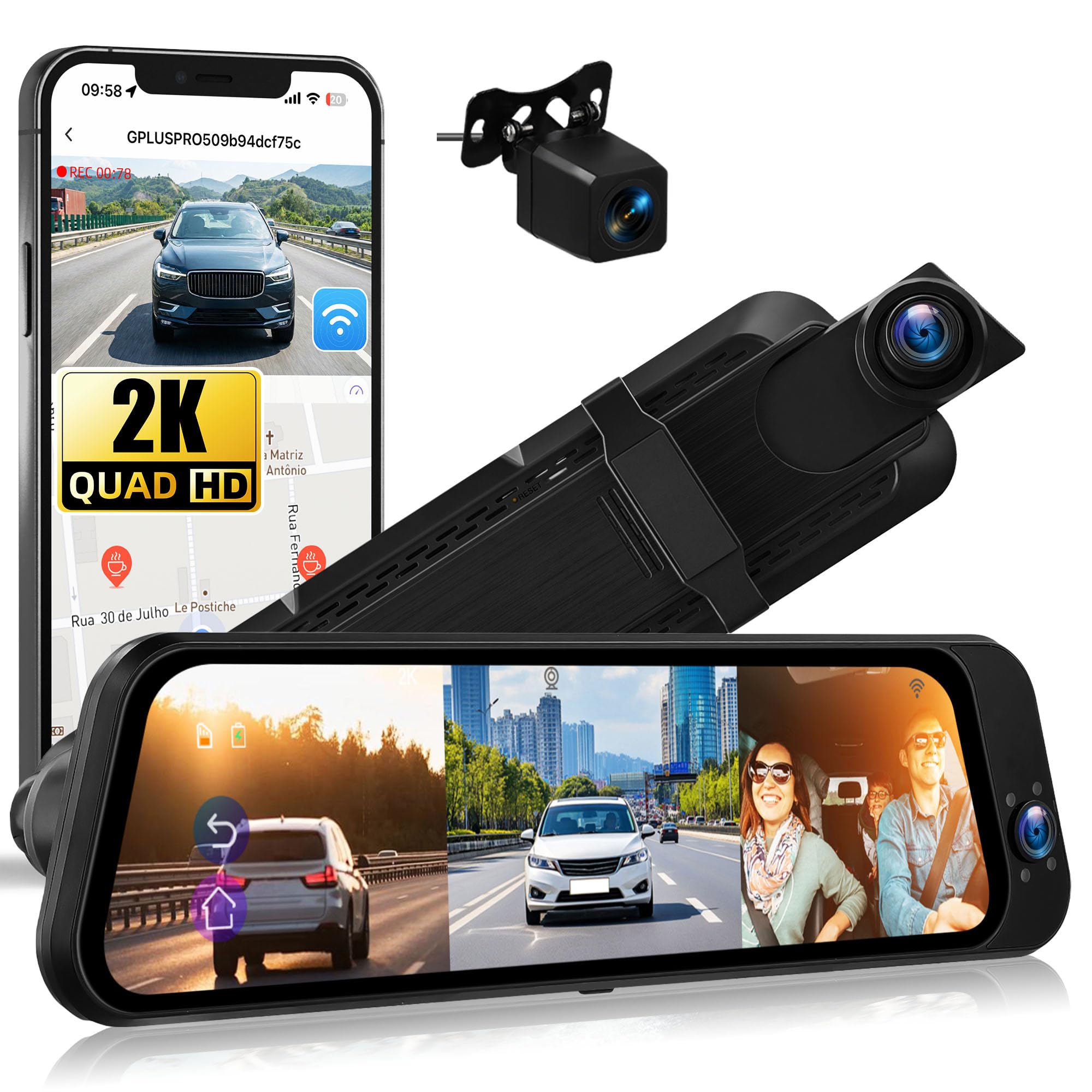 SIXWIN Dashcam Rétroviseur 3 Canaux 9,66″ Tactile WiFi et App – 2K+2×1080P, Vision Nocturne, ADAS & BSD & LCA, Capteur G, Enregistrement Boucle, Surveillance Stationnement 24h