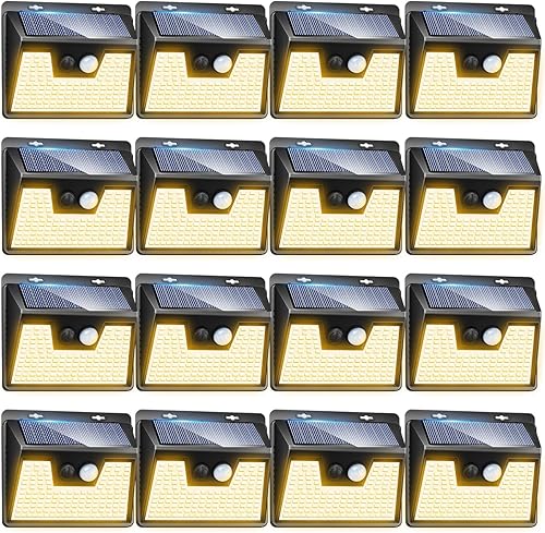 Miniatura 52 de Peasur Luces solares con sensor de movimiento para exteriores, paquete de 2 140 luces LED para valla, impermeable, marco blanco, iluminación de