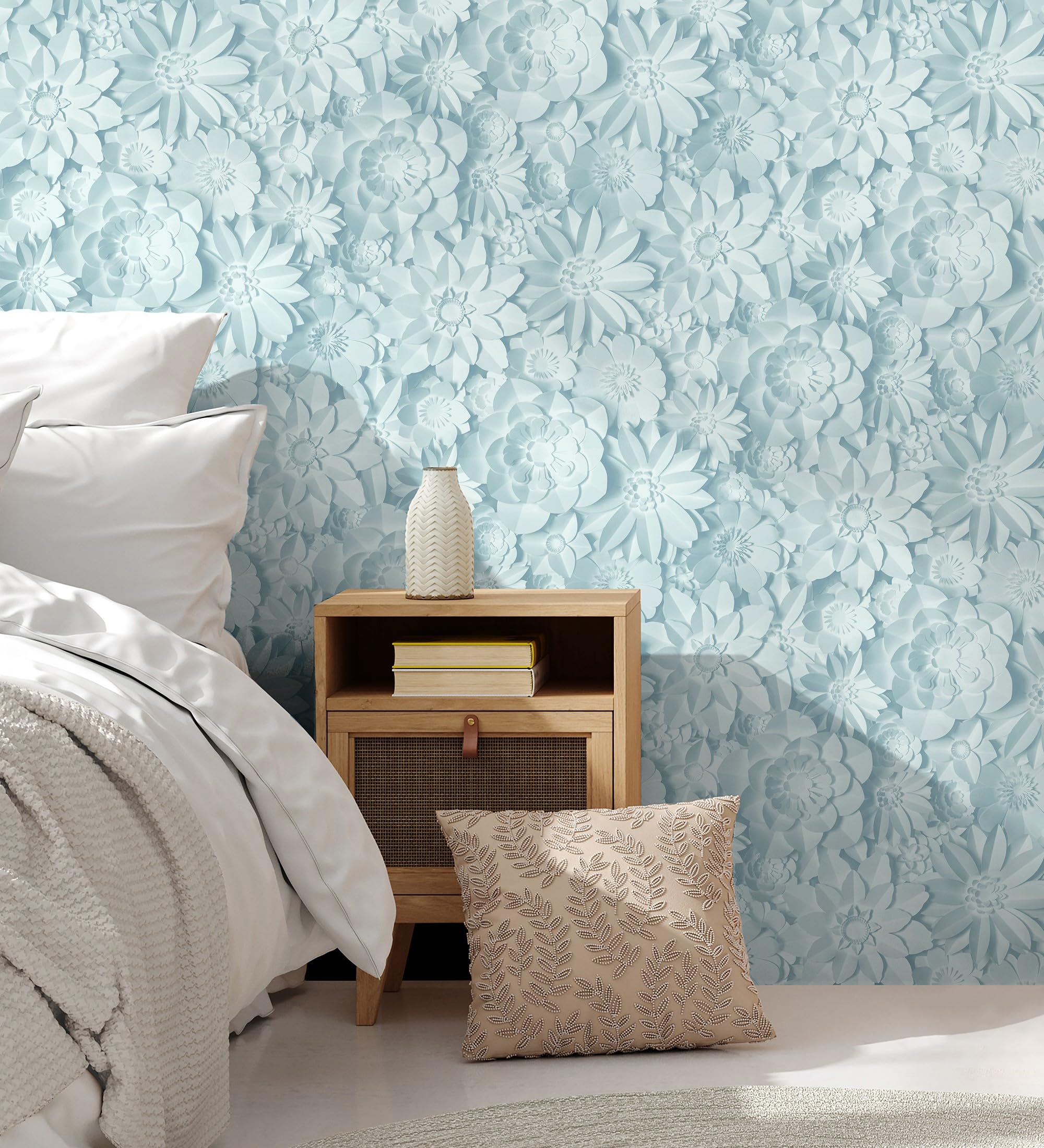 Papel pintado floral azul celeste GAULAN 683526 de 10m x 0,53m estilo origami