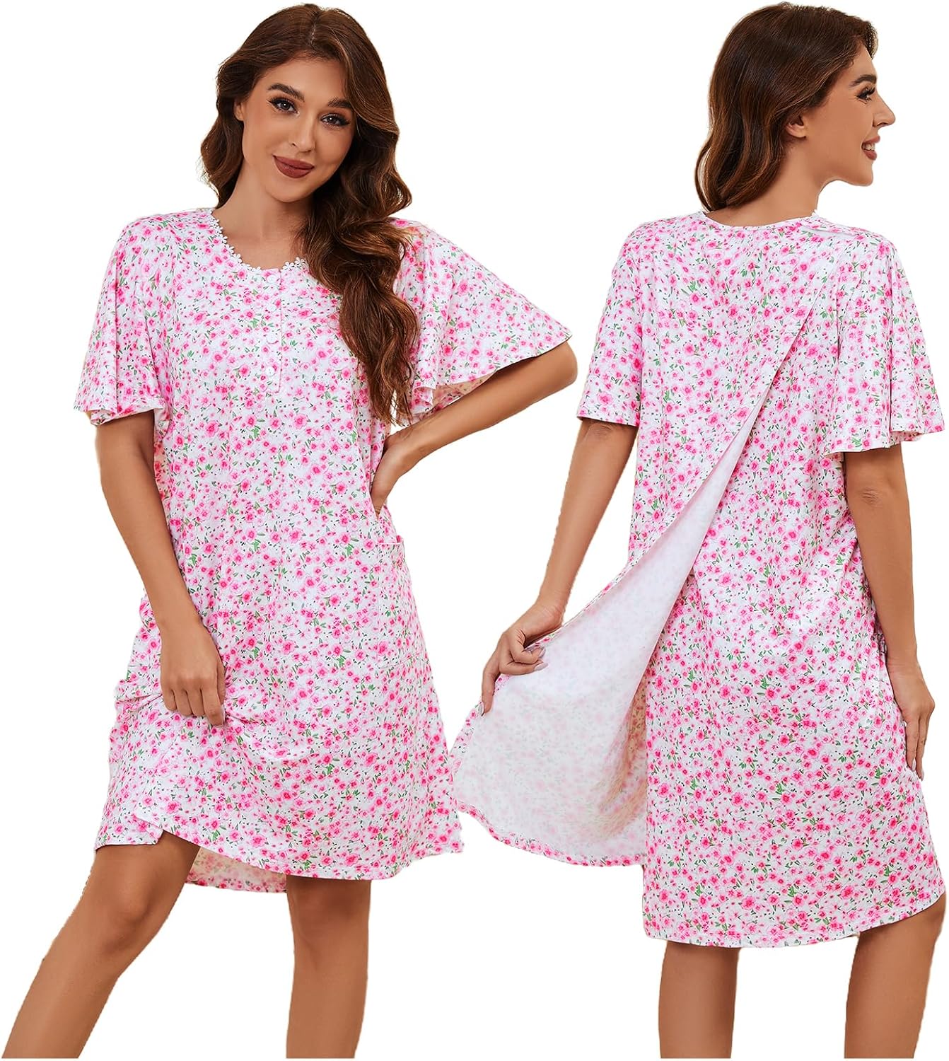 Hospital Gowns for Women Open Back Ruffle Sleeve Dress Post Surgery Tear Away Adaptive Nightgowns with Pockets
