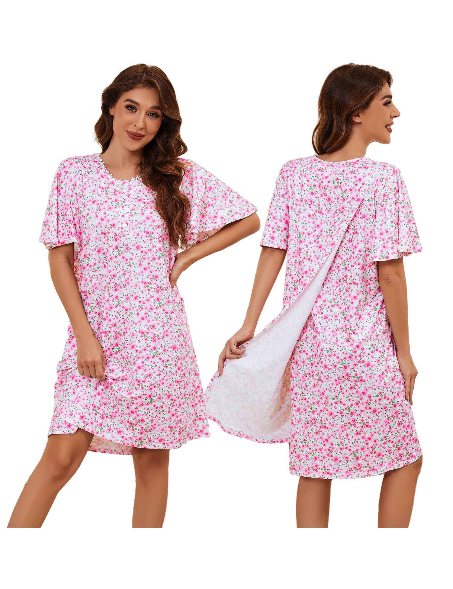 Photo 1 of CARANXTEX Post Surgery Hospital Gowns for Women Open Back Ruffle Sleeve Patient Gown Tear Away Adaptive Dress with Pockets xl