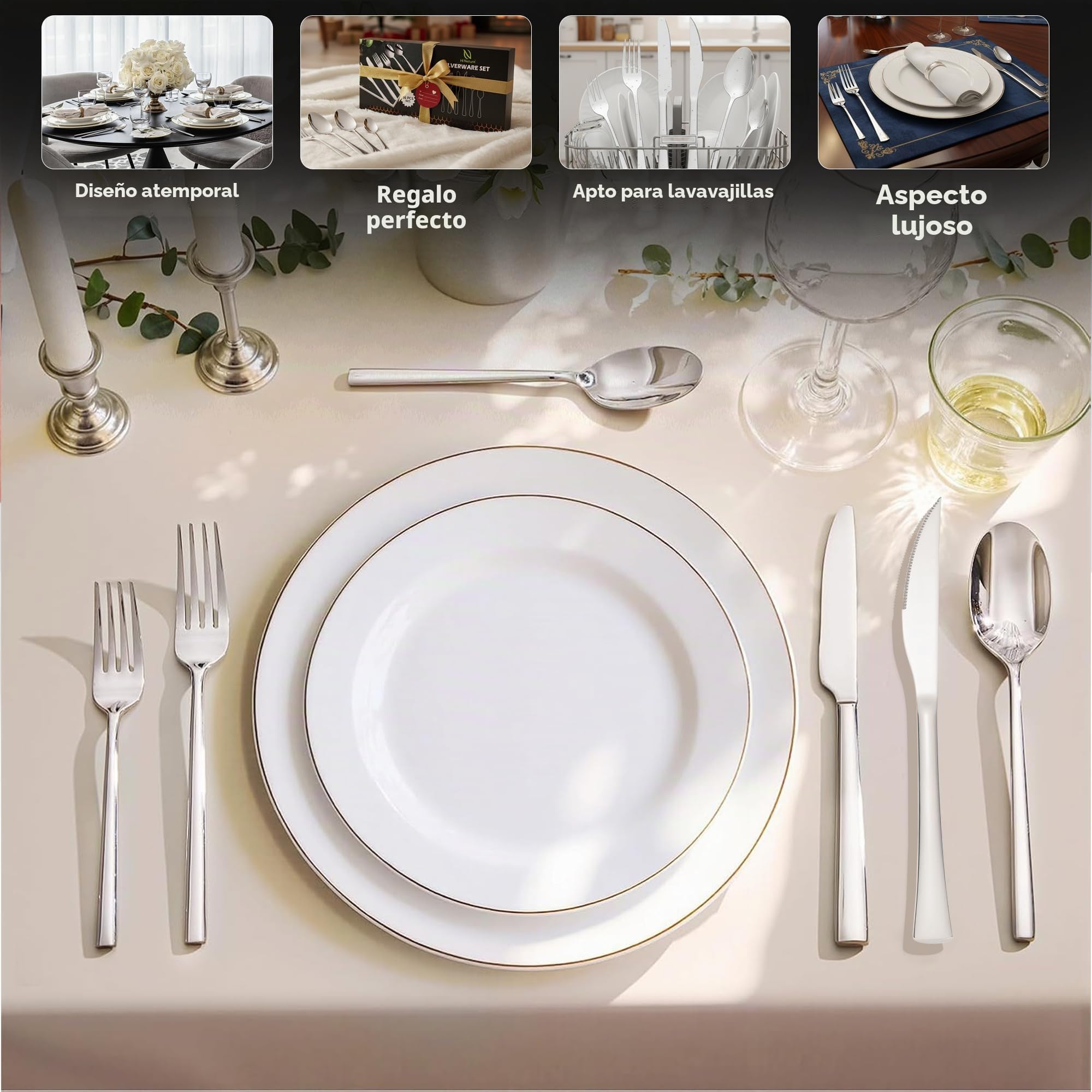 HI NATURE™ Juego de cubertería para 6 personas, 36 piezas, con cuchillo de carne, acero inoxidable 18/0, acabado brillante, incluye cuchillo, tenedor, cuchara y tenedor para tartas, apto para