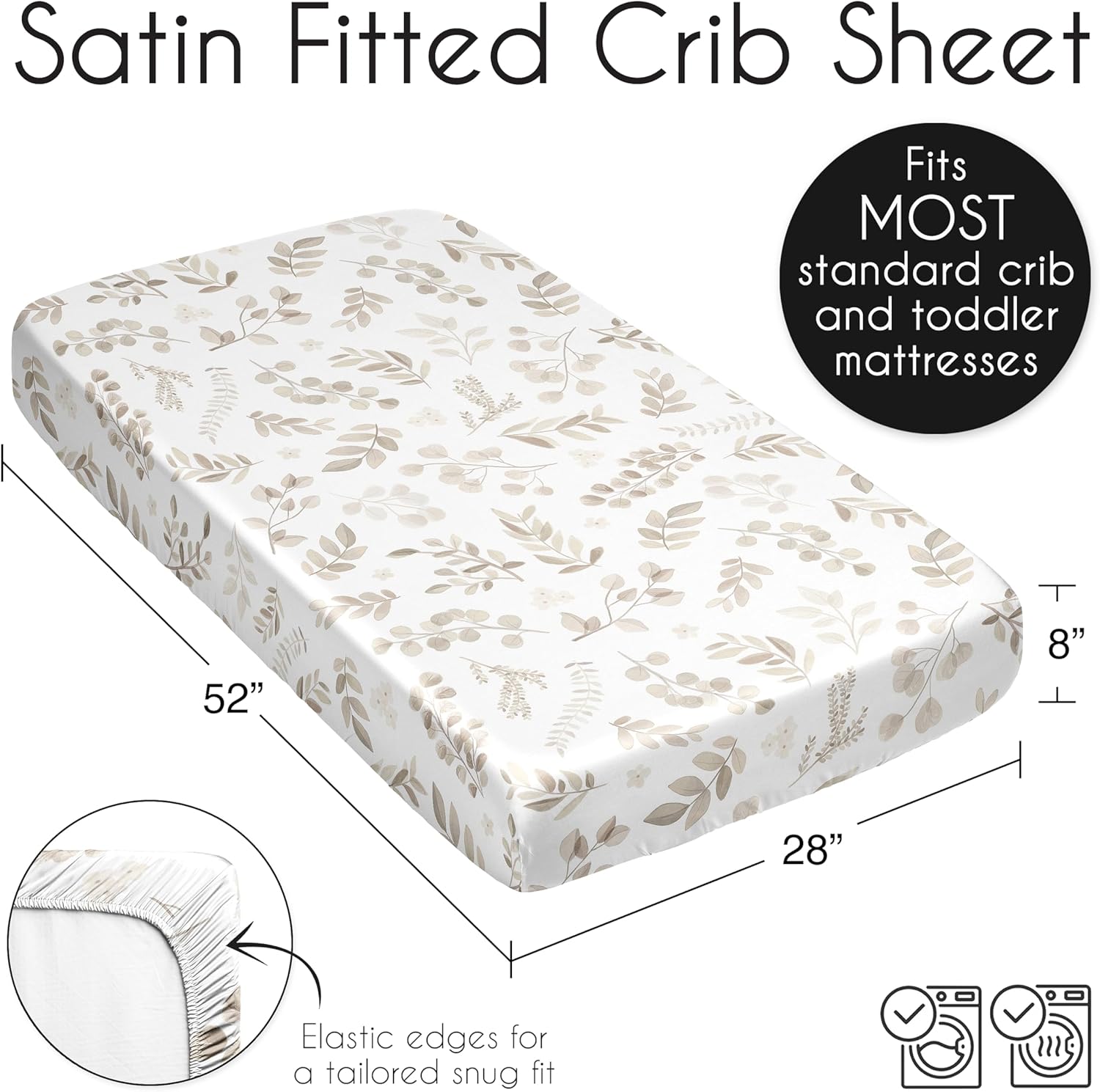 Sweet Jojo Designs Taupe Floral Leaf Boy Girl Gender Neutral Baby Satin Fitted Crib Sheet Infant Newborn Nursery Toddler Bed Room Standard Mattress Ivory Boho Bohemian Watercolor Botanical Woodland