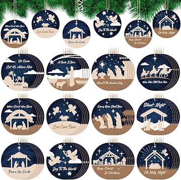Soaoo 60 Pcs Christmas Ornaments Nativity Scene Wooden,Classic Style | Christian Religious Tree Hanging, Round Wooden with Phrases, for Garden Yard Outdoor Home Church Display
