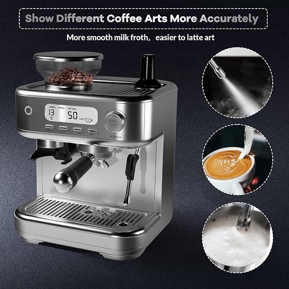 Professional Home Espresso Machine (20 Bar),Equipped with Grinder, High-Power Milk Frother, Digital LCD Display and Stainless Steel Construction
