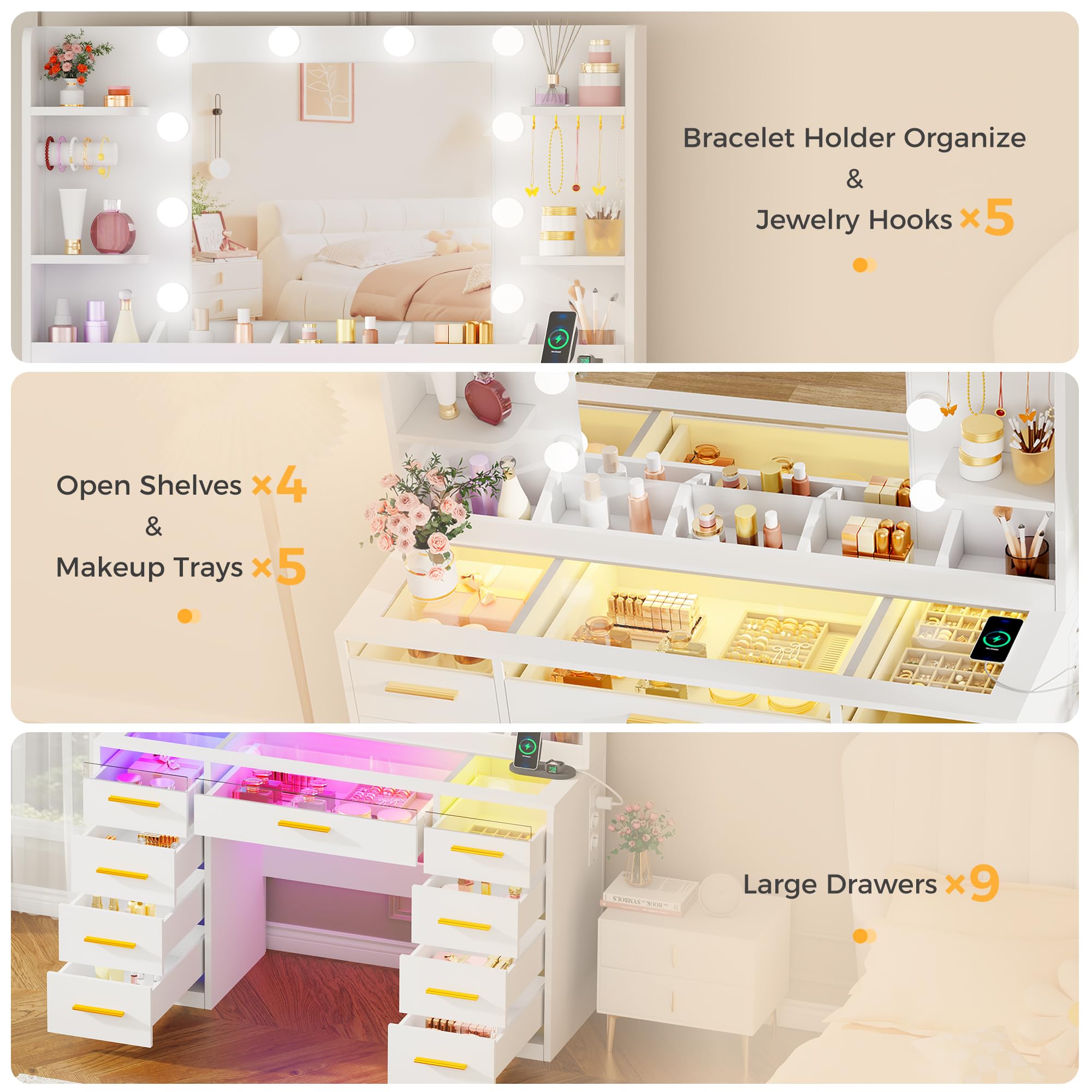 ANWBROAD Grande Toeletta da Trucco con Specchio e Luci RGB, Piano in Vetro | Luminosità Regolabile, Postazione Trucco con Prese 9 Cassetti RGB e 9 Ripiani Aperti Moderno Toletta Trucco Bianco BDT95W