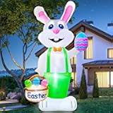 TURNMEON 8 Feet Giant Bunny Easter Inflatables Outdoor Decoration, Lighted Blow up Rabbit Holds Easter Eggs Basket with Tether Stakes LED Light Easter Decor Home Yard Lawn Garden Party Easter Egg Hunt