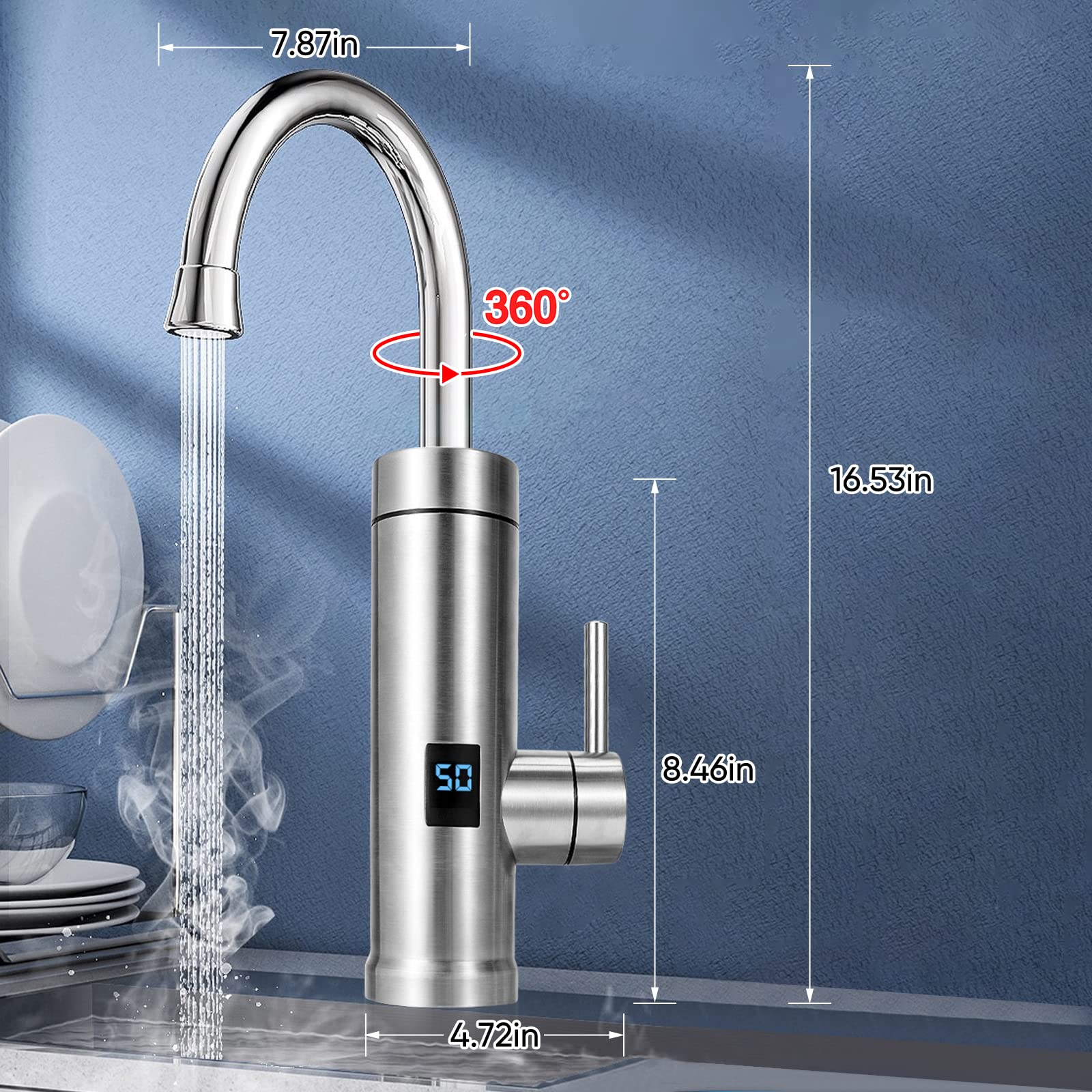 Grifo mezclador de cocina de agua caliente instantánea 3S con pantalla LCD, eléctrico, de acero inoxidable, para uso doméstico