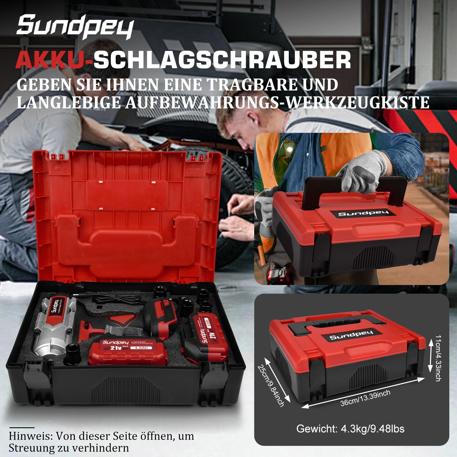Sundpey Avvitatore ad Impulsi a Batteria 1200 Nm, Avvitatore ad Impulsi 1/2" con 2 Batterie 4.0Ah, 6 Bussoli per Avvitare e Svitare, Avvitatore a Percussione per Auto/Cantiere/Camion