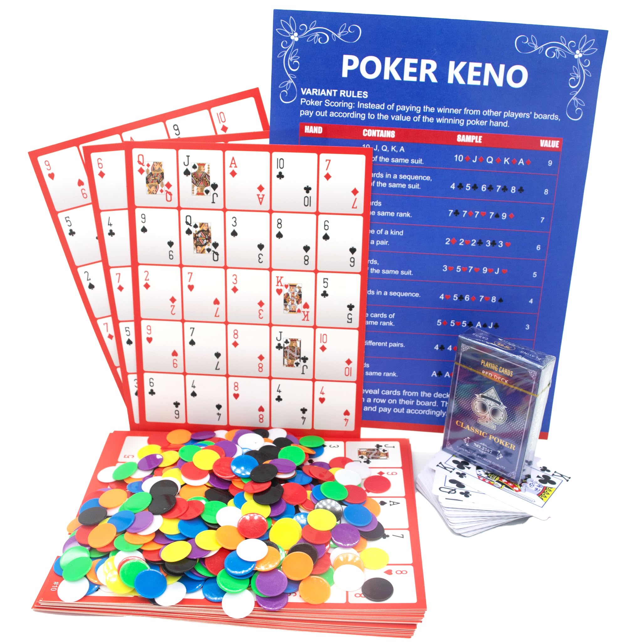 Juego de bingo Pokeno Poker: 48 tablas de doble cara (50 diseños únicos), más de 1000 fichas, 2 barajas de cartas de póquer impermeables. Diversión nocturna de casino familiar