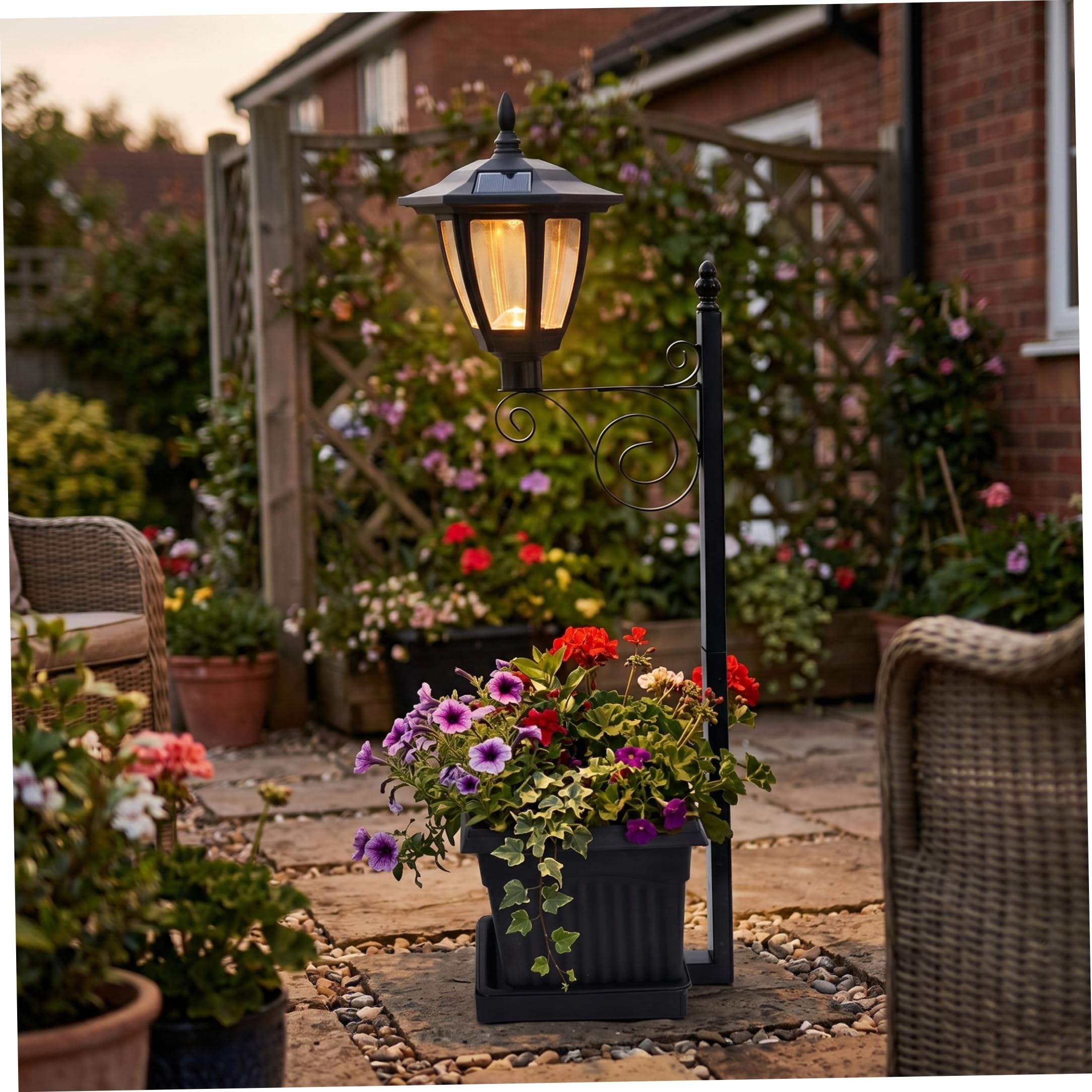 Comebachome Solar Planter Lights Outdoor, 27x8in Solar Garden Lights with Flower Pot Dual-Function Outdoor Planter with Garden Stake for Yard, Balcony, Lawn, Black, Light Plant