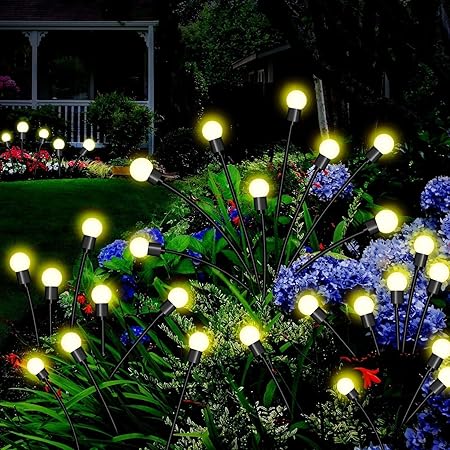 KEYORA ( 2 Pcs Waterproof Solar Lights for Gardens, Landscape, Pathways, Yards, Decks, and patios with Starburst Swaying Lights When Wind Blows Offer Solar-Powered Firefly Lights (Yellow, 2)