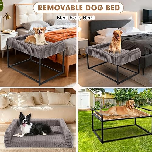 Miniatura 7 de Cama ajustable para perros grandes, cama elevada para perros con marco de metal, colchón de espuma viscoelástica y funda de pana lavable, cama de