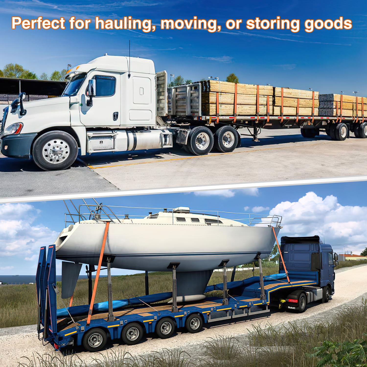 Nilight Cinghie per camion da 10,2 cm x 7,6 m, arancioni, resistenti, con gancio piatto, resistenza alla rottura, 7.620 kg, carico fino a 2.449 kg, per pianali, camion, rimorchi, fattorie, salvataggio